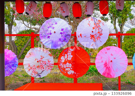 梅園のカラフルな和傘と提灯 133926896