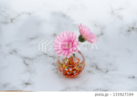 暖色でガラスの一輪挿しに挿した二輪の桃色いガーベラの花(中下配置) 暖色でガラスの一輪挿しに挿した二輪の桃色いガーベラの花(中下配置) 133927194