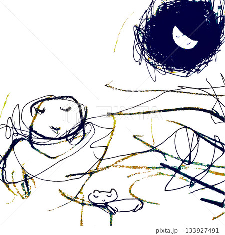 【背景透過】月明かりの下で猫と寄り添って眠る人物の線画 133927491
