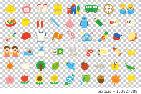 Kindergarten and nursery school icon set, hand-drawn, pastel, cute illustrations for children 133927889