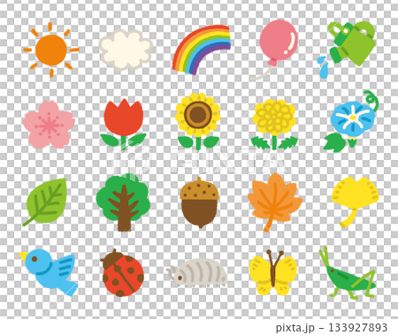Weather, plants, creatures, hand-drawn icon set, cute illustrations for kids Weather, plants, creatures, hand-drawn icon set, cute illustrations for kids 133927893