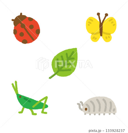 かわいい虫のアイコンセット 手書き パステル 子供向け かわいい イラスト 133928237