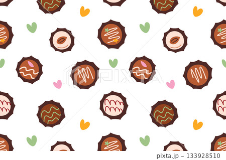Flat cartoon vector illustration of chocolate candy pattern with assorted fillings and decorative toppings, sweet dessert, cozy mood, seamless design for packaging, backgrounds and culinary projects 133928510