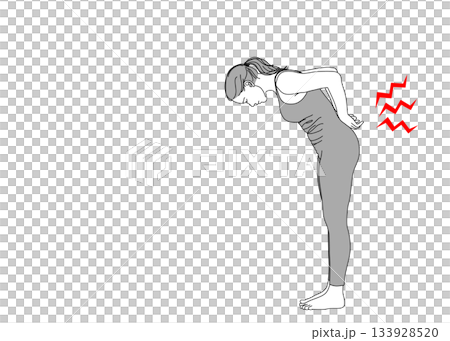 背痛插圖：一位女性彎腰摀著疼痛的背部，全身側向，單色 133928520