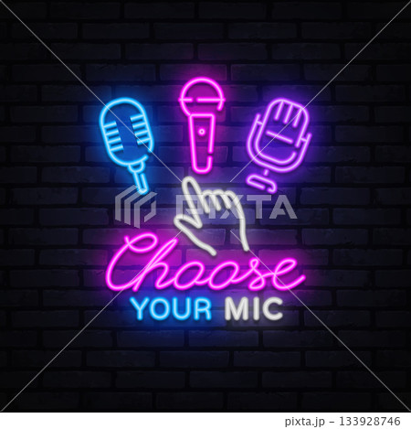 Colorful neon composition with three microphones and hand pointer, Choose Your Mic text below. Fun for music apps or studio themes. 133928746