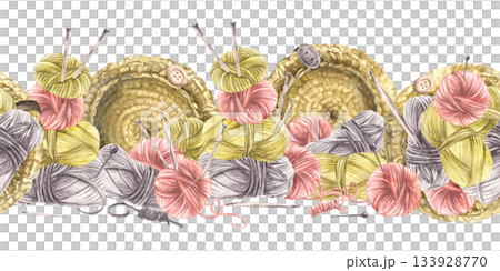 Watercolor Balls of yarn, threads with knitted basket and knitting needles seamless border. Realistic hand drawn illustration. Hobby label, handicrafts horizontal pattern on isolated white background Watercolor Balls of yarn, threads with knitted basket and knitting needles seamless border. Realistic hand drawn illustration. Hobby label, handicrafts horizontal pattern on isolated white background 133928770