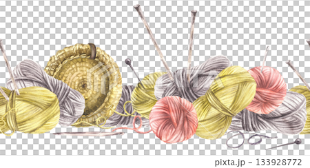 Watercolor Balls of yarn threads in different color seamless border. Realistic skeins of string with knitting needles, crochet hook. Hobby handicrafts pattern isolated on white background illustration Watercolor Balls of yarn threads in different color seamless border. Realistic skeins of string with knitting needles, crochet hook. Hobby handicrafts pattern isolated on white background illustration 133928772
