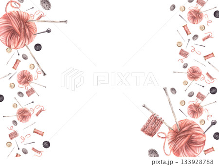 Buttons and pink yarn ball with knitting needles, thread spool and sewing pins frame. Needlework, handicrafts, hobby rectangular template. Watercolor hand drawn illustration isolated from background 133928788
