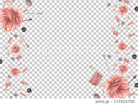 Buttons and pink yarn ball with knitting needles, thread spool and sewing pins frame. Needlework, handicrafts, hobby rectangular template. Watercolor hand drawn illustration isolated from background 133928788