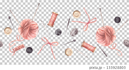 Buttons, a pink yarn ball with knitting needles, thread spool and sewing pins seamless border. Needlework, handicrafts, hobby pattern, fabric. Watercolor painted illustration isolated from background 133928803