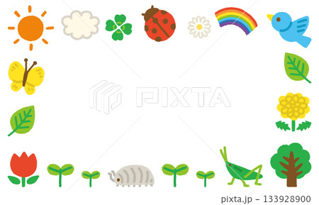 生き物 自然 フレーム 背景 横長 手書き パステル かわいい イラスト 133928900