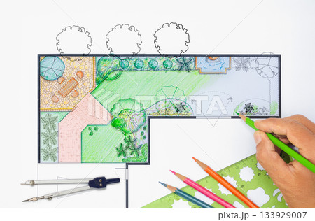 Architecture student design project backyard garden and patio plan. 133929007