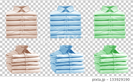 3 Set of pile stack group of folded blank pastel beige blue turquoise green button up long sleeve collar shirt on transparent background cutout, PNG file. Mockup template 133929190