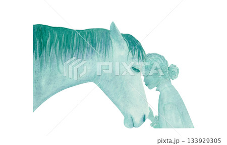 Moment between horse and a girl, watercolor illustration isolated on white painted in turquoise, golden accents. Perfect for animal designs, trust, kindness, communication, emotional storytelling Moment between horse and a girl, watercolor illustration isolated on white painted in turquoise, golden accents. Perfect for animal designs, trust, kindness, communication, emotional storytelling 133929305