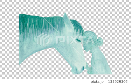 Moment between horse and a girl, watercolor illustration isolated on white painted in turquoise, golden accents. Perfect for animal designs, trust, kindness, communication, emotional storytelling Moment between horse and a girl, watercolor illustration isolated on white painted in turquoise, golden accents. Perfect for animal designs, trust, kindness, communication, emotional storytelling 133929305