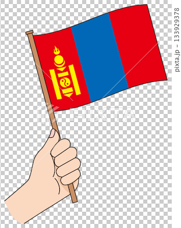 一手拿著一面簡單的蒙古國旗 133929378