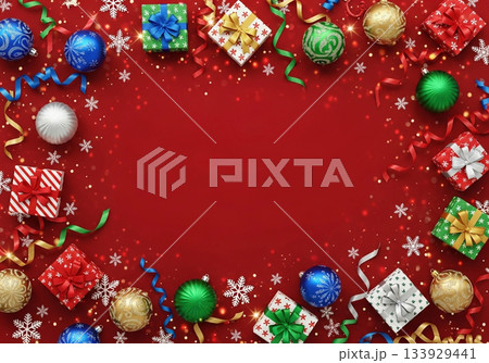 赤背景にクリスマスパーティーのイメージ 赤背景にクリスマスパーティーのイメージ 133929441