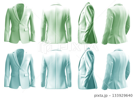 2 Set of pastel green turquoise blue, front back side view, business collar suit blazer jacket coat on transparent background cutout, PNG file. Mockup 133929640