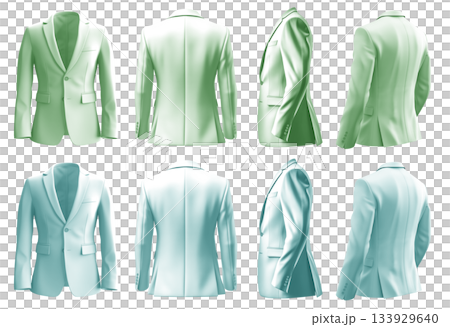 2 Set of pastel green turquoise blue, front back side view, business collar suit blazer jacket coat on transparent background cutout, PNG file. Mockup 133929640