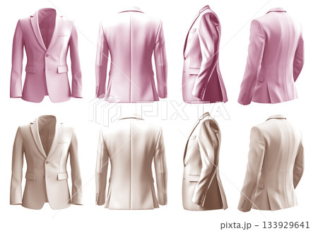 2 Set of pastel light pink beige, front back side view, business collar suit blazer jacket coat on transparent background cutout, PNG file. Mockup template for artwork 133929641