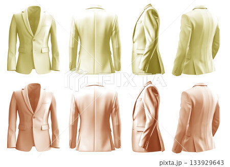 2 Set of pastel light yellow orange, front back side view, business collar suit blazer jacket coat on transparent background cutout, PNG file. Mockup template for artwork 133929643