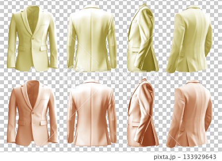 2 Set of pastel light yellow orange, front back side view, business collar suit blazer jacket coat on transparent background cutout, PNG file. Mockup template for artwork 133929643
