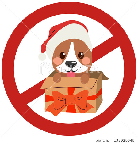 Dog in Gift Box With Santa Hat and Banner Anti Pet Purchase Christmas Illustration 133929649