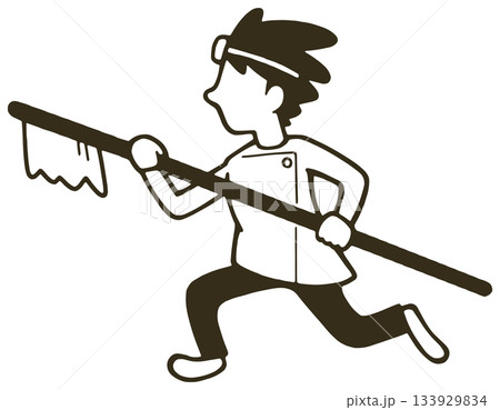 大きな歯ブラシを手に持って走っている歯科医のイラスト。 大きな歯ブラシを手に持って走っている歯科医のイラスト。 133929834