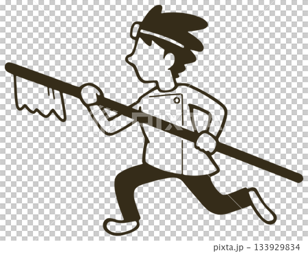 大きな歯ブラシを手に持って走っている歯科医のイラスト。 大きな歯ブラシを手に持って走っている歯科医のイラスト。 133929834