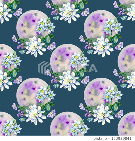 Vibrant seamless pattern with rich purple moons, white blossoms, daffodils, butterflies and botanical elements. Ideal for wrapping paper, textile prints, wallpapers, branding and decorative projects. Vibrant seamless pattern with rich purple moons, white blossoms, daffodils, butterflies and botanical elements. Ideal for wrapping paper, textile prints, wallpapers, branding and decorative projects. 133929841