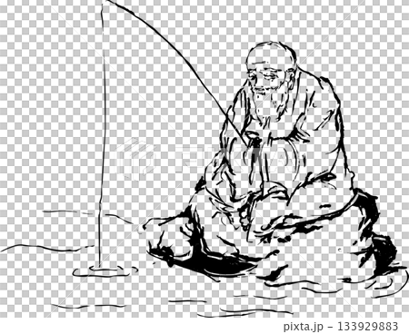 水墨畫插圖,描繪老人在釣魚。 水墨畫插圖,描繪老人在釣魚。 133929883