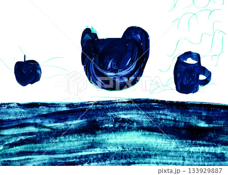 【背景透過】青色のアクリル絵具で描かれた猫とりんごとマグカップのシルエット 【背景透過】青色のアクリル絵具で描かれた猫とりんごとマグカップのシルエット 133929887