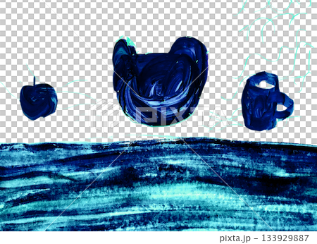 【背景透過】青色のアクリル絵具で描かれた猫とりんごとマグカップのシルエット 【背景透過】青色のアクリル絵具で描かれた猫とりんごとマグカップのシルエット 133929887