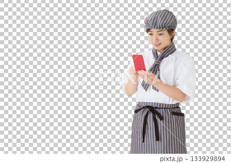 A woman wearing a chef's coat (smartphone, app, word of mouth) A woman wearing a chef's coat (smartphone, app, word of mouth) 133929894