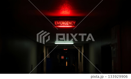暗い廊下にエマージェンシーの赤いランプ 133929906