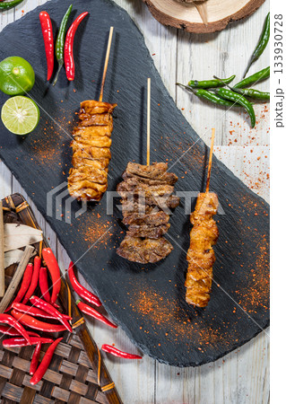 grilled pork shish kebab with vegetables grilled pork shish kebab with vegetables 133930728