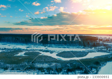 Rural landscape in winter. Sunset in the countryside. Drone view 133930931