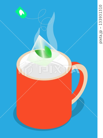 Isometric pyramid bag of aromatic herbal tea is dropped into a mug of hot water. Cartoon 3D vector concept isolated on blue background 133931310