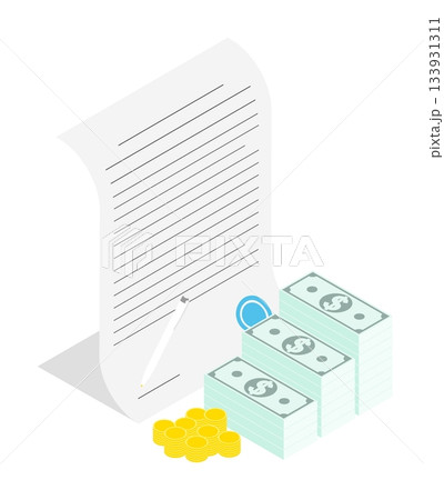 Isometric signing a bank agreement for lending and leasing to small and medium sized businesses. Isolated cartoon vector concept on white background top view 133931311