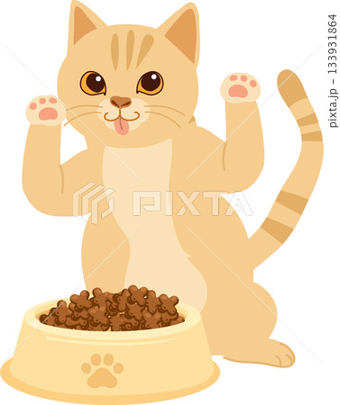 Cute cat illustration cartoon orange kitten eating from pet food bowl 133931864
