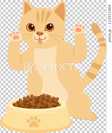 Cute cat illustration cartoon orange kitten eating from pet food bowl 133931864