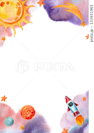 A vertical space-themed frame with empty space for text. A template with watercolor illustrations for cards, posters, invitations, and other designs. 133931965