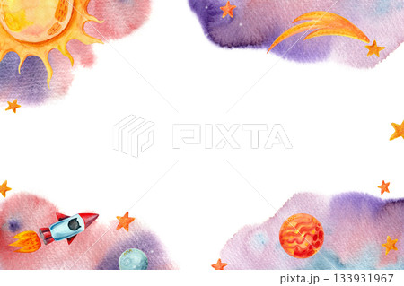 A horizontal space-themed frame with empty space for text. A template with watercolor illustrations for cards, posters, invitations, and other designs. A horizontal space-themed frame with empty space for text. A template with watercolor illustrations for cards, posters, invitations, and other designs. 133931967