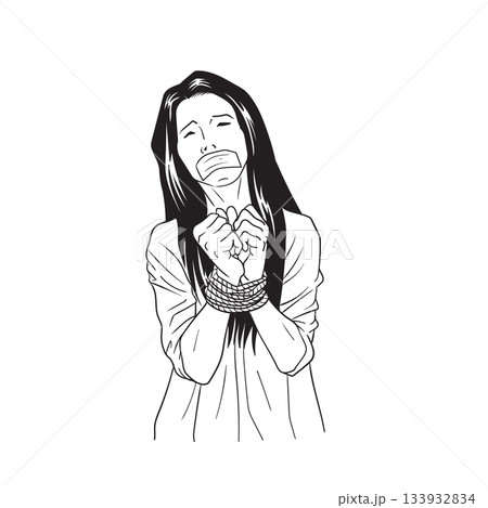 Woman hostage with bound hands 133932834