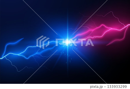 Thunderbolts blue versus pink lightning effects on black, vector energy glowing beams fight, electric burst rays battle Thunderbolts blue versus pink lightning effects on black, vector energy glowing beams fight, electric burst rays battle 133933299