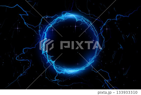 Thunderbolt blue lightning round effect with glow and shine vector on black, circle bolt voltage electric energy burst 133933310