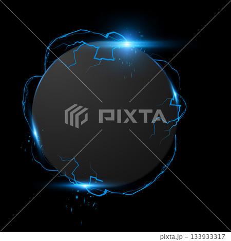 A round frame with a border of blue neon lightning bolts, with a glow effect and bright rays. A round frame with a border of blue neon lightning bolts, with a glow effect and bright rays. 133933317