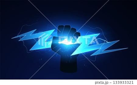 Thunderbolt blue lightning shining effect in hand fist glowing on dark, vector energy burst fight or strength symbol Thunderbolt blue lightning shining effect in hand fist glowing on dark, vector energy burst fight or strength symbol 133933321