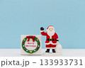 サンタクロースのミニチュアと「Merry Christmas」と書かれたリース風の飾り（水色背景） 133933731