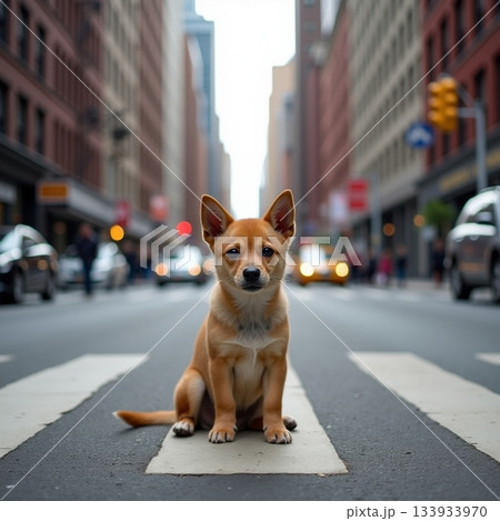 AI generated Vigilant Shiba Inu standing alert with ears up on bustling crosswalk street 133933970